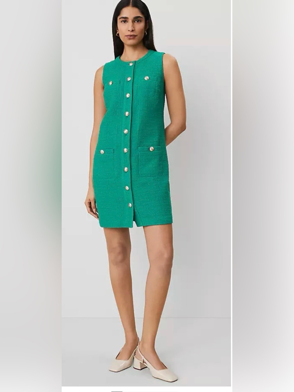 NEW ANN TAYLOR SHADY GLADE GREEN BUTTON POCKET TWEED SHEATH DRESS SZ 14